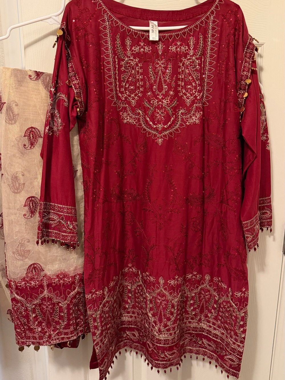 Embroidered Red Women's Dress with Bead Trim